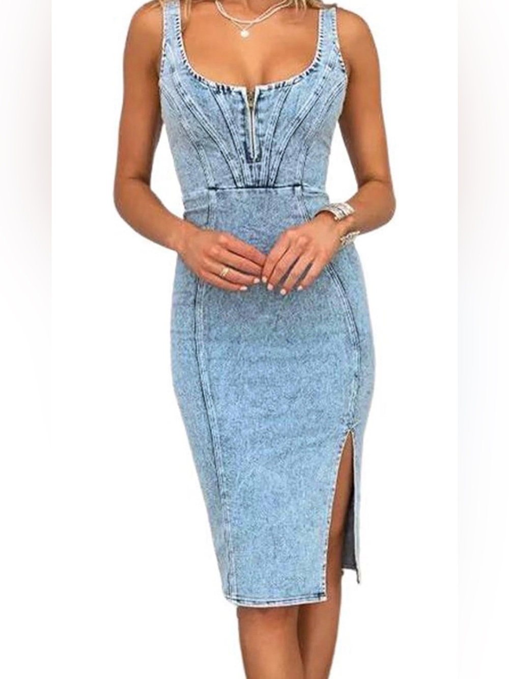 Denim Bodycon Midi Dress with Side Slit - Light Blue